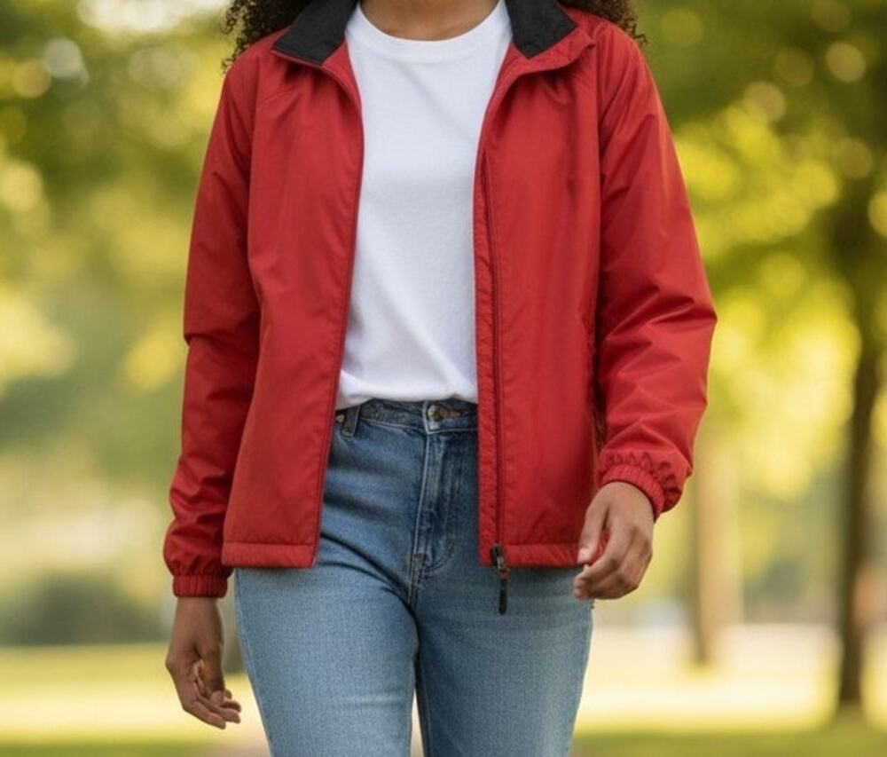 North End Women's Lightweight Windbreaker Jacket Large Red Packable w/Hood